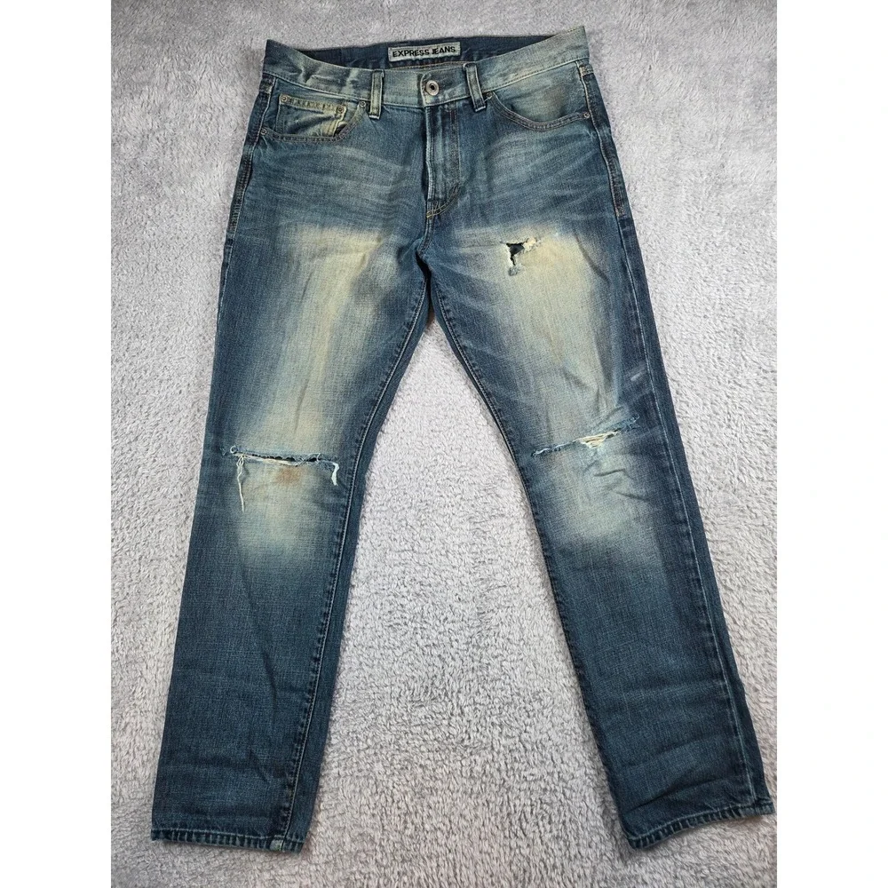 Express Jeans Kingston Tapered Leg 32x30 Blue‎ Mens Classic Fit Distressed Denim